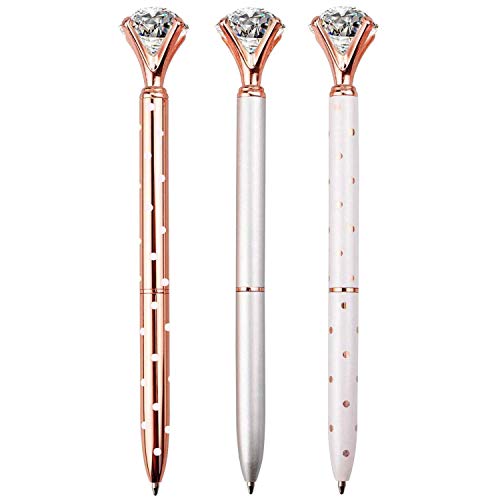 Product Cover LONGKEY 3PCS Diamond Pens Big Crystal Diamond Ballpoint Pen Bling Metal Ballpoint Pen Offices and Schools, Silver/White With Rose Polka Dots/Rose Gold with White Polka Dots, Includes 3 Pen Refills.