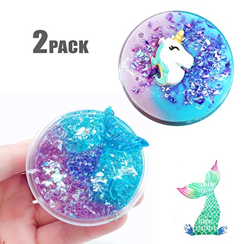 Product Cover Fairy Fluffy Crystal Cloud Slime Putty 2 Pack, Mermaid Fish Tail Granule Shape Slime 60ml + 80ml Fairy Fluffy Random Unicorn Cloud Putty Scented Stress Clay Toy for Kids and Adults - iWeller.