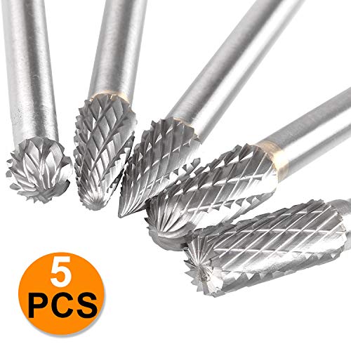 Product Cover Carbide Burr Set, Acrux7 5pcs Double Cut Rotary Burr Set with 6 mm(1/4 Inch) Shank and 10mm Cutting Edge, Die Grinder Bits for DIY Woodworking, Metal Carving, Engraving, Drilling, Polishing (610mm)
