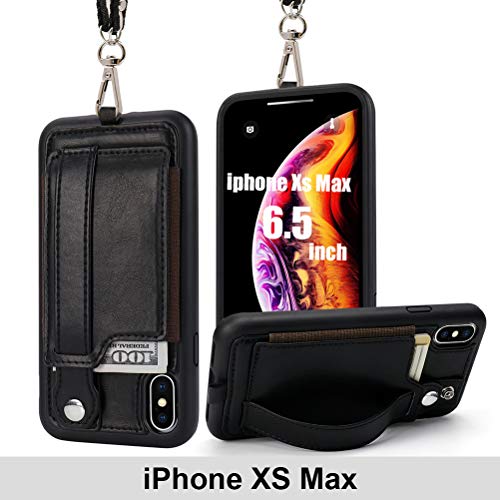 Product Cover TOOVREN iPhone Xs Max Case, iPhone Xs Max Wallet Case with Credit Card Holder, Xs Max PU Case with Kickstand, Adjust Detachable Necklace Strap Wrist Strap Perfect for Daily Use, Work, Travel Black