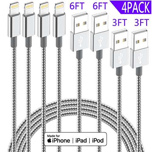 Product Cover iPhone Charger Lightning Cable Apple MFi Certified IDiSON 4Pack(6ft 6ft 3ft 3ft) Braided Nylon Fast Charger Cable Compatible iPhone 11 Pro X XR XS MAX 8 Plus 7 6s 5s 5c Air iPad Mini iPod (Gray white)