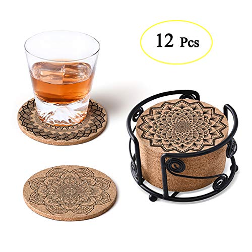 Product Cover MASGALACC Cork Coasters for Drinks  Absorbent Drink Coaster (12-Piece Set) |Housewarming Hostess Gifts for New Home, Man Cave House Warming Presents Decor, Wedding Registry, Living Room Decorations