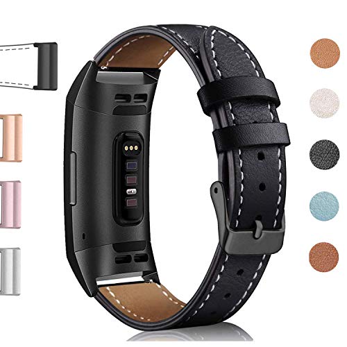 Product Cover Hotodeal Leather Band Compatible Charge 3 & Charge 3 SE Fitness Tracker, Classic Replacement Genuine Leather Bands Metal Connectors Women Men Small Large Size Silver, Rose Gold, Black