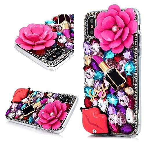 Product Cover iPhone XR Bling Glitter Case, Awsaccy(TM) Unique 3D Handmade Crystal Sparkly Diamond Rhinestone Pink Pearl Floral Lipstick Fashion Design Shiny Case for iPhone XR Girls Women