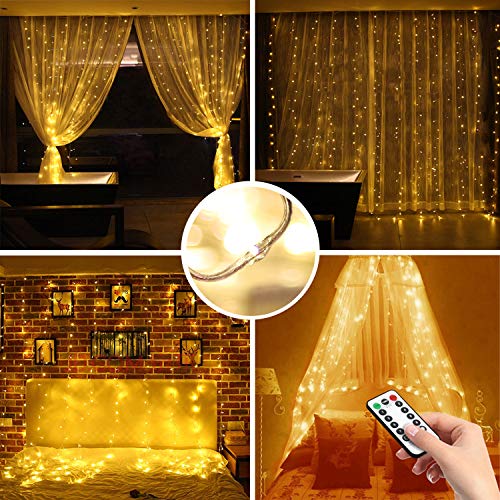 Product Cover MCvilla LED Window Curtain String Light Remote Control USB Cord String 300LED Dimmable Timer 8 Modes Waterproof Twinkle Fairy Starry Lights Wedding Party Bedroom Wall Decor No Plug Included