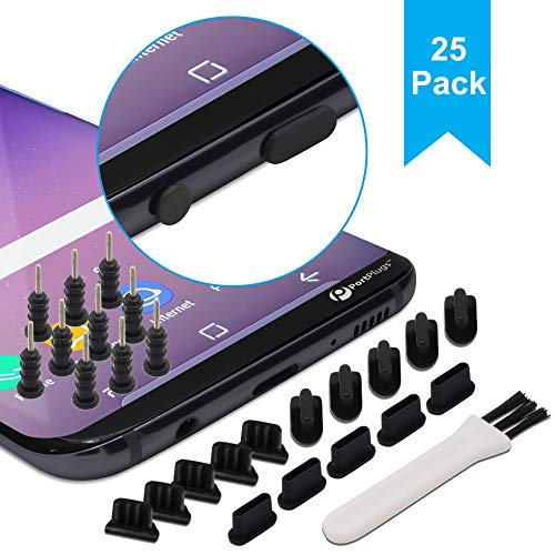 Product Cover PortPlugs Dust Port Covers (25 Pack) Plug Set, Compatible with iPhone, Android, USB C, Tablets with Cleaning Brush and SIM Card Tools (Black)