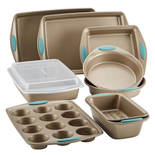 Product Cover Rachael Ray 47578 Cucina Nonstick Bakeware Set with Grips includes Nonstick Bread Pan, Baking Sheet, Cookie Sheet, Baking Pans, Cake Pan and Muffin Pan - 10 Piece, Latte Brown with Agave Blue Grips