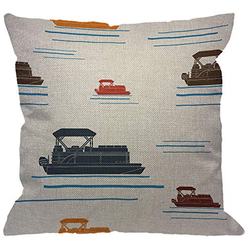 Product Cover HGOD DESIGNS Boat Throw Pillow Cover,Pontoon Boat Lake Beach Canopy Dock Watercraft Blue Brown Decorative Pillow Cases Cotton Linen Square Cushion Covers for Home Sofa Couch 18x18 inch