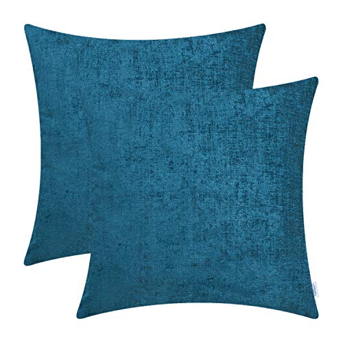 Product Cover CaliTime Pack of 2 Cozy Throw Pillow Covers Cases for Couch Sofa Home Decoration Solid Dyed Soft Chenille 22 X 22 Inches Ocean Blue
