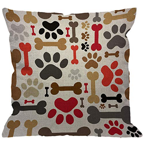 Product Cover HGOD DESIGNS Dogs Paws and Bones Throw Pillow Cover,Lovely Cartoon Adorable Footprint Decorative Pillow Cases Cotton Linen Square Cushion Covers for Home Sofa Couch 18x18 inch
