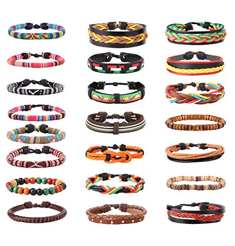 Product Cover LOYALLOOK 22-24Pcs Leather Bracelet Mens Bracelet Hemp Cords Wooden Beads Adjustable Wrap Bracelet for Women Men