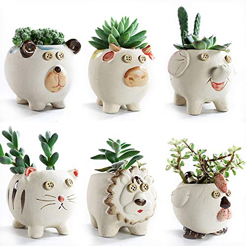 Product Cover SUN-E 3.7 Inch Cute Animals Cartoon Farmhouse Style Ceramic Succulent Plant Pot Cactus Plant Pot Flower Pot Container Planter Bonsai Pots with Drainage Hole 6 in Set