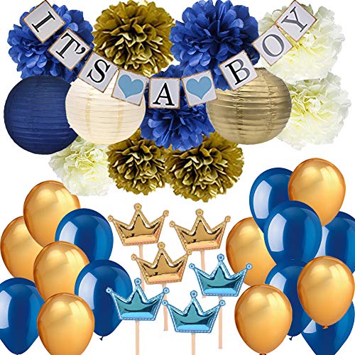 Product Cover Navy Blue Baby Shower Party Decorations-It's A BOY Banner Tissue Pom Pom Paper Lanterns Balloons with Crown Cupcake Toppers Picks for Royal Prince Baby Shower Nautical Baby Shower 1st Birthday Decor