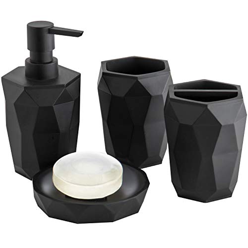 Product Cover MyGift 4-Pc Geometric Black Resin Bathroom Set with Soap Dispenser, Toothbrush Holder, Tumbler, Soap Dish