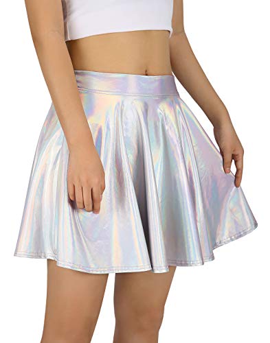 Product Cover HDE Women's Shiny Liquid Metallic Holographic Pleated Flared Mini Skater Skirt (Holographic, Medium)