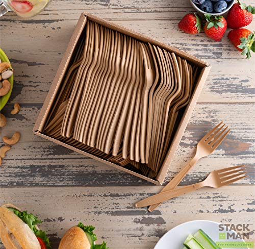 Product Cover Stack Man Disposable Forks [140 Pack] 100% Compostable Plastic Silverware, Large Premium Heavy-Duty Flatware Utensils Eco Friendly BPi Certified, 7.5 Inch, Organic Natural Wood Color Tableware