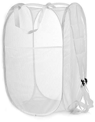 Product Cover Backpack Mesh Popup Laundry Hamper - Portable, Durable Handles, Collapsible for Storage and Easy to Open. Folding Pop-Up Clothes Hampers are Great for The Kids Room, College Dorm or Travel. (White)