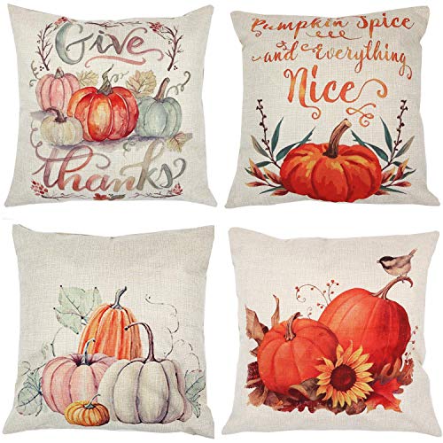 Product Cover ZUEXT Fall Pumpkin Harvest Decorative Pillowcases 4 Pack, Autumn Thanksgiving Pillow Covers Square 18x18 inch, Halloween Cotton Linen Throw Pillow Covers for Car Sofa Bed Couch, Thanksgiving Gifts