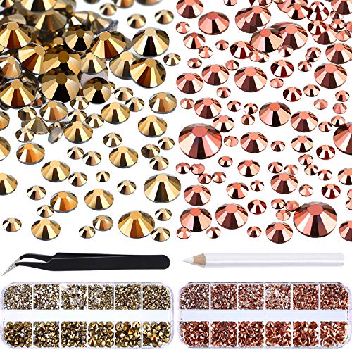 Product Cover TecUnite 4000 Pieces Glass Flatback Gemstones Round Flat Back Rhinestones 6 Sizes 1.5 mm-6 mm in Box with Tweezer and Rhinestones Picking Pen for Nail Face Art (Metallic Gold and Rose Glod)