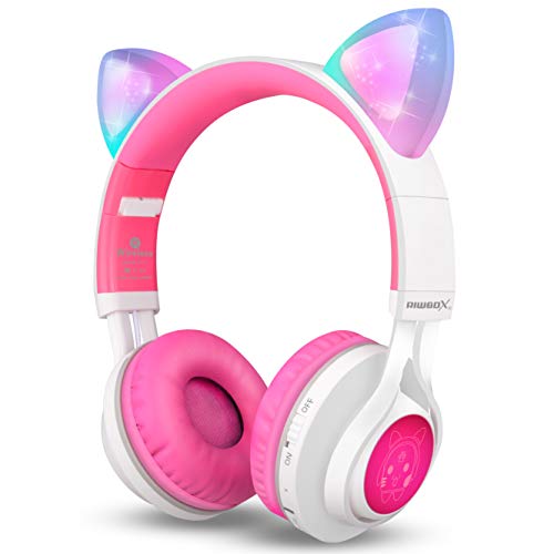 Product Cover Bluetooth Headphones, Riwbox CT-7 Cat Ear LED Light Up Wireless Foldable Headphones Over Ear with Microphone and Volume Control for iPhone/iPad/Smartphones/Laptop/PC/TV (White&Pink)
