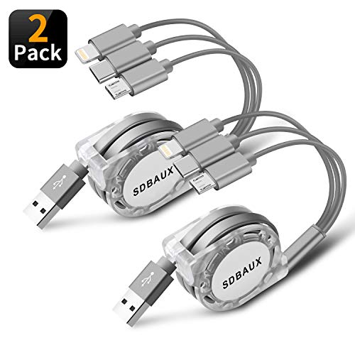 Product Cover SDBAUX Multi USB Charger Cable Retractable 2Pack 4ft 3 in 1 Multiple Charging Cord Adapter with Mini Type C Micro USB Port Connectors Compatible with Cell Phones Tablets Universal Use (Charging Only)