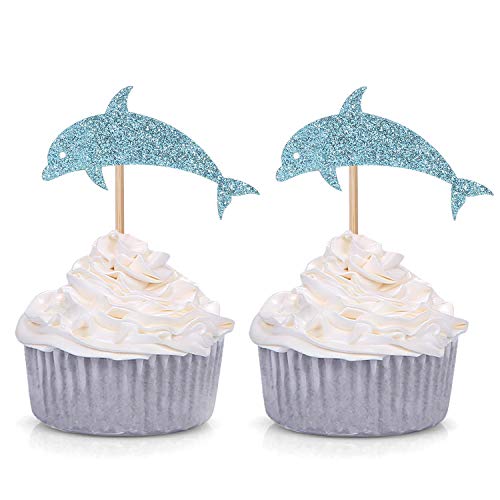 Product Cover 24 Blue Glitter Dolphin Cupcake Toppers Baby Shower Birthday Under the Sea Theme Party Decorations