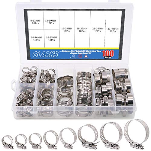 Product Cover Glarks 100Pcs Adjustable 8-44mm Range 304 Stainless Steel Worm Gear Hose Clamps Assortment Kit, Fuel Line Clamp for Water Pipe, Plumbing, Automotive and Mechanical Application (Hose Clamp Kit)