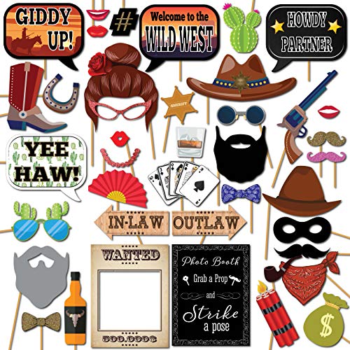 Product Cover Wild West Cowboy Western Photo Booth Props Party Kit, 41 Pieces with Wooden Sticks and Strike a Pose Sign by Outside the Booth
