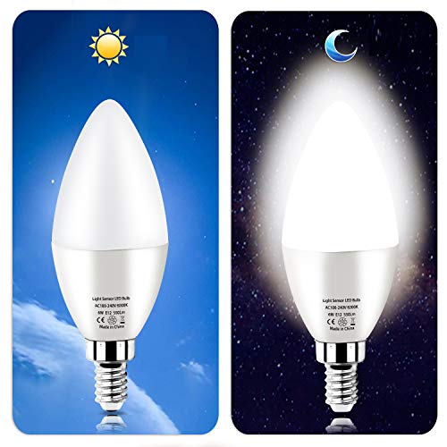 Product Cover RAYHOO Dusk to Dawn Night Light Bulb E12 Base LED Sensor Bulb 6W, Incandescent 60W Bulb Equivalent, Automatic On/Off Security Lights Indoor/Outdoor for Garage, Hallway, Yard Patio, 6000K White 2-Pack