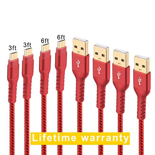 Product Cover Boreguse GP-C002 Micro USB Cable Android Charger Super-Durable Nylon-Braided Fast Sync Charging Cord for Samsung, Kindle, HTC, Nexus, LG, Xbox, PS4, Smartphones & More, Red, 3ft 6ft, 4-Pack