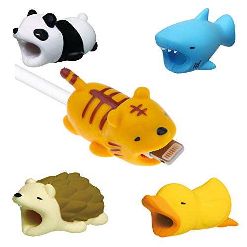 Product Cover Sicanal Cable Animals Bits , Sicanal Compatible iPhone Cable Protector 5PCS (Panda + Tiger + Hedgehog + Shark + Duck) Compatible for iPhone Cable Animals  Bits Cord Data Line Saver