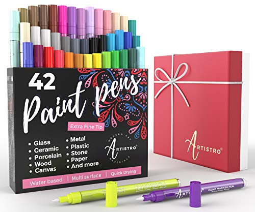 Product Cover Acrylic Paint Pens - 42 Acrylic Paint Markers - Extra Fine Tip Paint Pens (0.7mm) - Great for Rock Painting, Wood Paint, Ceramic Paint & Glass Paint - 40 Colors + Extra Black & White Paint Marker Set