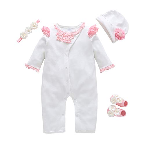 Product Cover Baby Brielle 4 Piece Layette Onesie Layette Onesie with Matching Hat, Headband and Socks in Box Registry Must Haves Gift Set for Girls (Pink Flower Ruffle, 3M)
