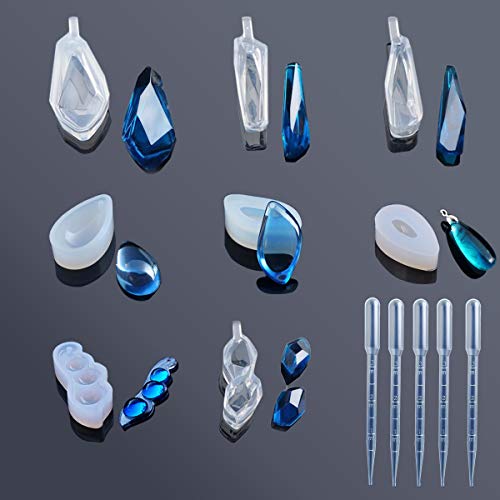 Product Cover 8 PCS Clear Jewelry Silicone Molds and 5 PCS Plastic Droppers, Jewelry Resin Casting Mold for Making Necklace Pendant Ring Pendant