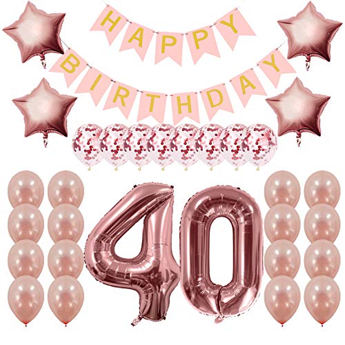 Product Cover Rose Gold 40th Birthday Decorations Party Supplies Gifts for Women - Create Unique Events with Happy Birthday Banner, 40 Number and Confetti Balloons