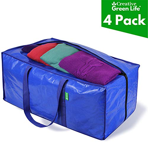 Product Cover Extra Large Storage and Moving Bags (4-Pack). Heavy Duty Storage Bins, Clothes Storage Bags. Durable Zipper Totes for Comforters, Blankets, Clothing Storage. Ideal Moving Supplies for College.