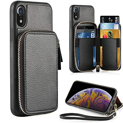 Product Cover ZVE iPhone XR Wallet Case iPhone XR Case with Credit Card Holder Slot Leather Wallet Shockproof Protective Zipper Pocket Purse Handbag Wrist Strap Case for Apple iPhone XR 6.1