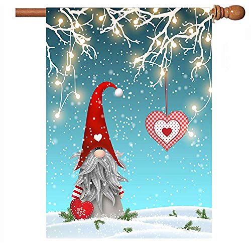 Product Cover Christmas Gnome Tomte Standing On Snow Garden Flag House Banner 28 x 40 inch, Winter Heart Large Decorative Double Sided Welcome Yard Flags for Holiday Wedding Party Home Outdoor Outside Decor