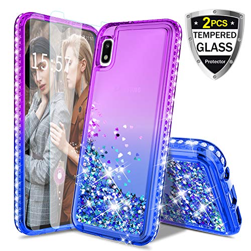 Product Cover Donse Samsung Galaxy A10e Case,W/2 Tempered Glass Screen Protector Glitter Liquid Quicksand Floating Shiny Sparkle Flowing Bling Diamond Luxury Clear Case Cover for Girls Women Purple/Blue