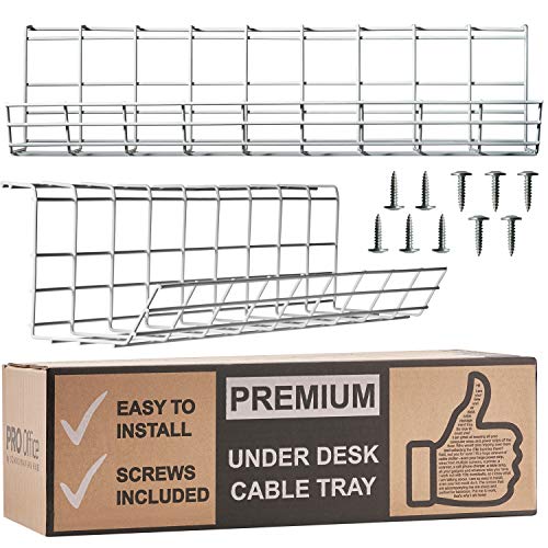 Product Cover Under Desk Cable Management Tray - Cable Organizer for Wire Management. Metal Wire Cable Tray for Office and Home (White - Set of 2X 17'')