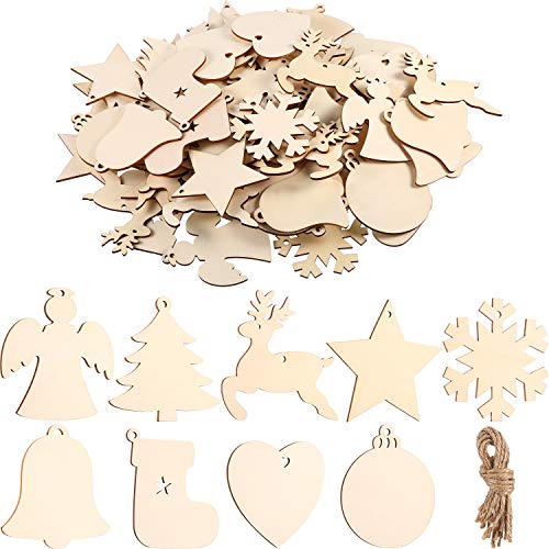 Product Cover Tatuo 90 Pieces Unfinished Ornaments Christmas Wooden Ornaments Hanging Embellishments Crafts for DIY, Christmas Hanging Decoration (White Multi-Shapes)
