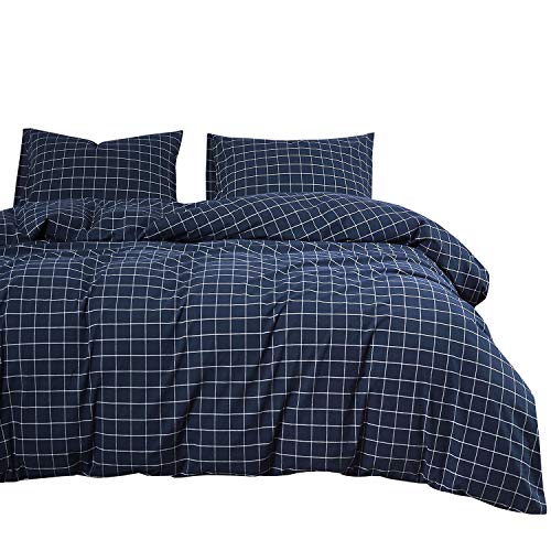 Product Cover Wake In Cloud - Navy Grid Comforter Set, Navy Blue with White Grid Geometric Pattern Printed, Soft Microfiber Bedding (3pcs, King Size)