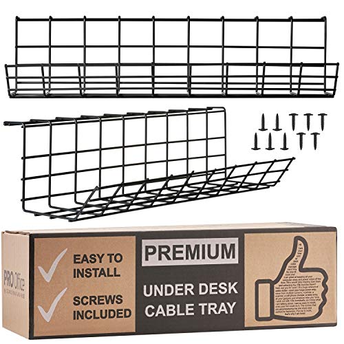 Product Cover Under Desk Cable Management Tray - Cable Organizer for Wire Management. Metal Wire Cable Tray for Office and Home (Black - Set of 2X 17'')