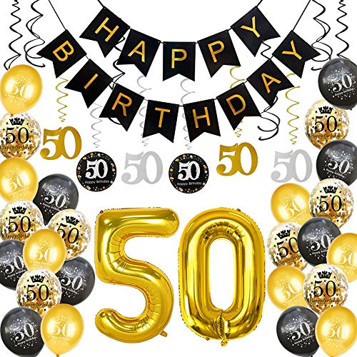 Product Cover HankRobot 50th Birthday Decorations Party Supplies（40pack） Gold Number Balloon 50 Happy Birthday Banner Latex Balloons(Black, Golden) Confetti Balloons -Great for 50 Fifty Years Old Birthday Party