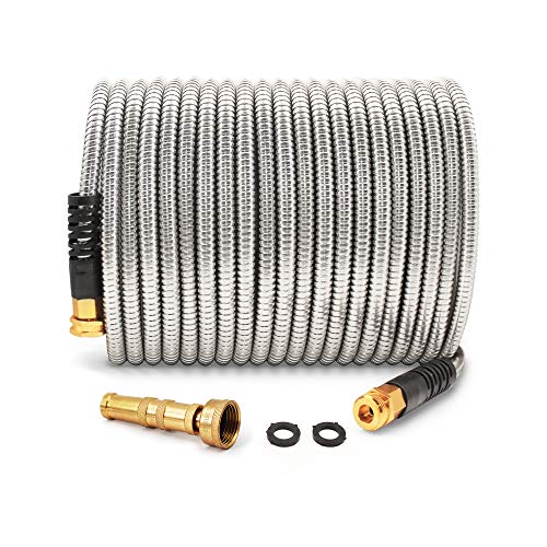 Product Cover Cesun 50 Feet 304 Stainless Steel Metal Garden Hose with Solid Brass Nozzle, Lightweight Portable Durable Cool to The Touch, Flexible and No Kink, Tangle Puncture Resistant (50 Feet Upgraded)