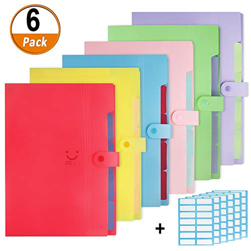Product Cover 6 Pack Expanding File Folder 5 Pocket with 168pcs File Folder Labels, Plastic Organizer A4 Letter Size Expandable File Folder for School