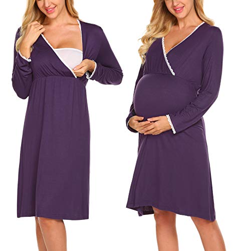 Product Cover Ekouaer Women Delivery/Labor/Maternity/Nursing Nightgown Long/Short Sleeve Pleated Breastfeeding Sleep Dress(S-XXL)