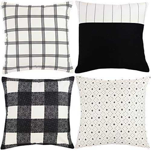Product Cover Woven Nook Decorative Throw Pillow Covers ONLY for Couch, Sofa, or Bed Set of 4 18 x 18 inch Modern Quality Design 100% Cotton Black White Monochrome Aspen