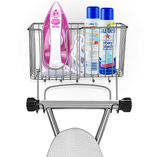 Product Cover SPACEREST Detachable Metal Wall Mounted Ironing Board Holder with Large Storage Basket & 5 Hanging Hooks for Laundry Rooms-Iron, Board, Spray Bottles Rack- Chrome