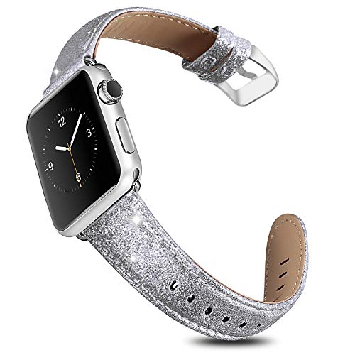 Product Cover UMAXGET Compatible with Apple Watch Series 4 Band 42MM 44MM Series 5, Glittering Shiny TPU with PU Leather Bling Strap Compatible with iWatch Series 3/2/1 Wristband for Men Women, Shiny Silver